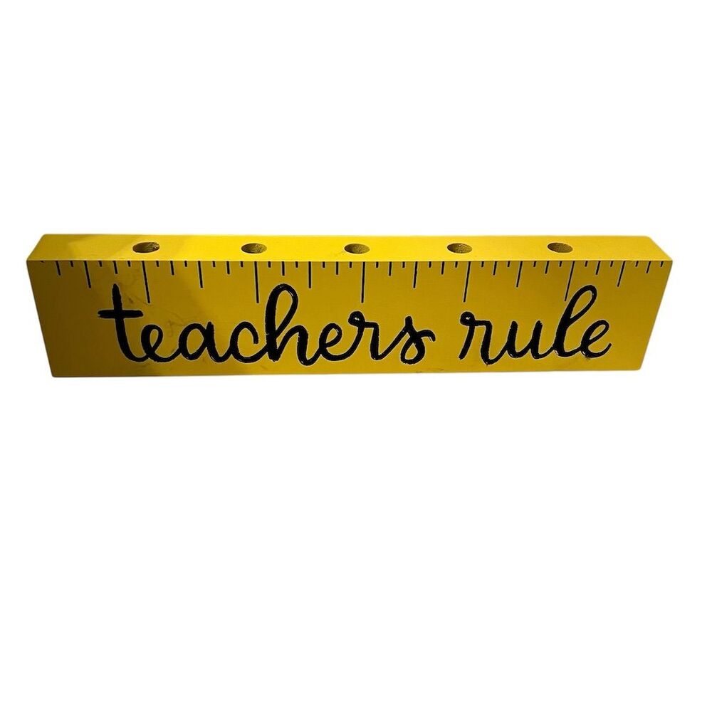 Teacher's Gift Pencil Holder "Teachers Rule" Yellow Ruler Style